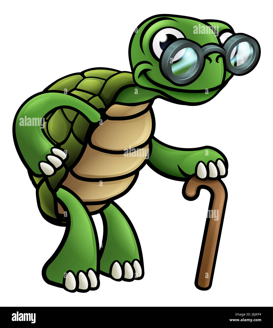 Eine ältere senior Schildkröte Comicfigur mit Brille Brille und  Spazierstock Gehstock Stockfotografie - Alamy