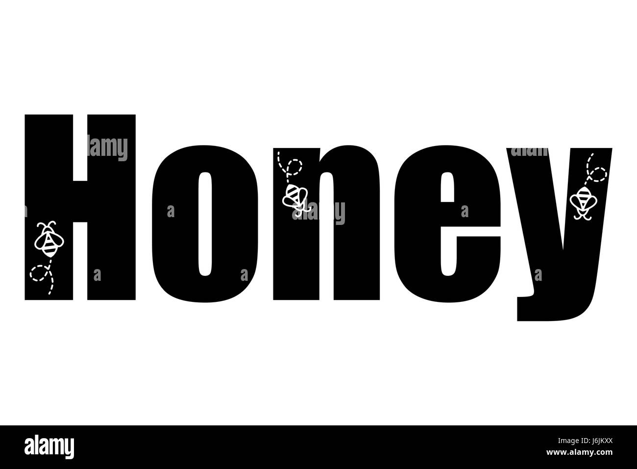 Honig-Schild schöne Typografie Banner Beschriftung Word-Text mit kleinen Bienen im Inneren Karte schwarz Plakatkunst weißen isoliert Hintergrund Stockfoto