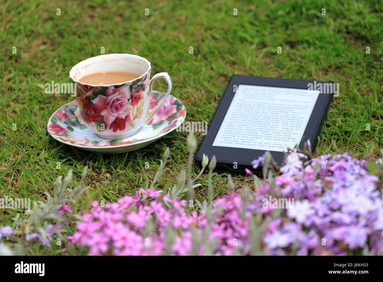 Ein e-Book-Reader und eine Tasse Kaffee auf dem Rasen Stockfoto