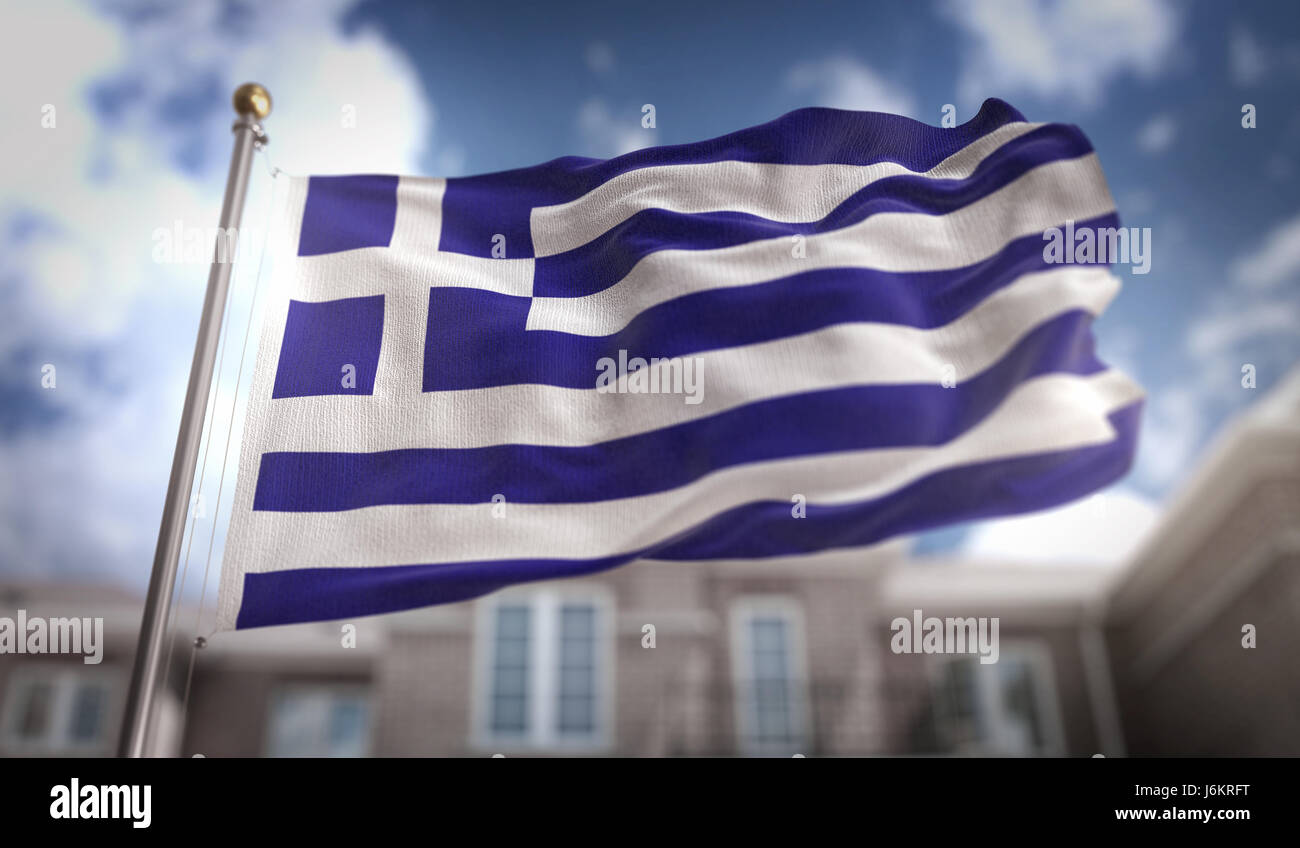Griechenland Flagge 3D Rendering auf Blue-Sky-Gebäude-Hintergrund Stockfoto