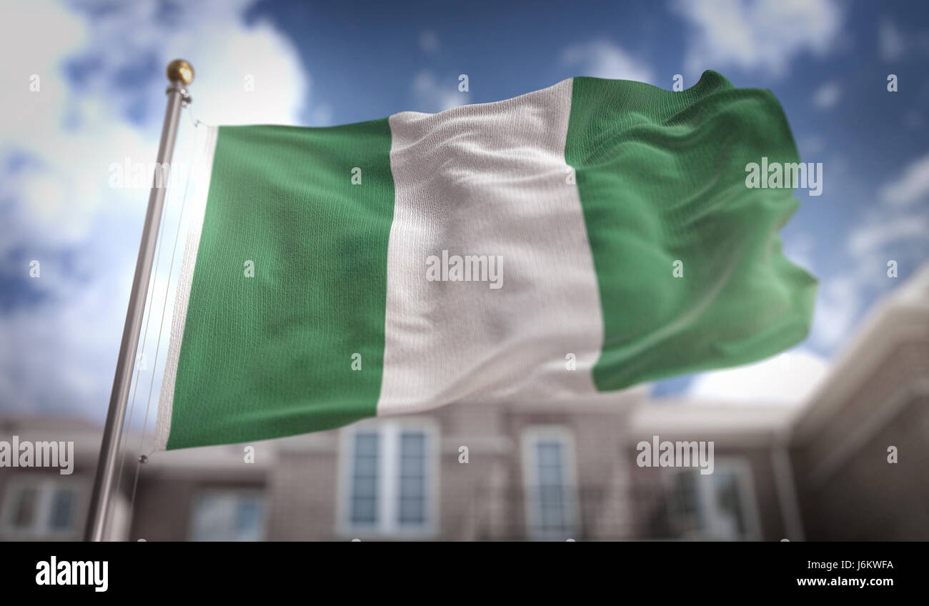 Nigeria Flagge 3D Rendering auf Blue-Sky-Gebäude-Hintergrund Stockfoto