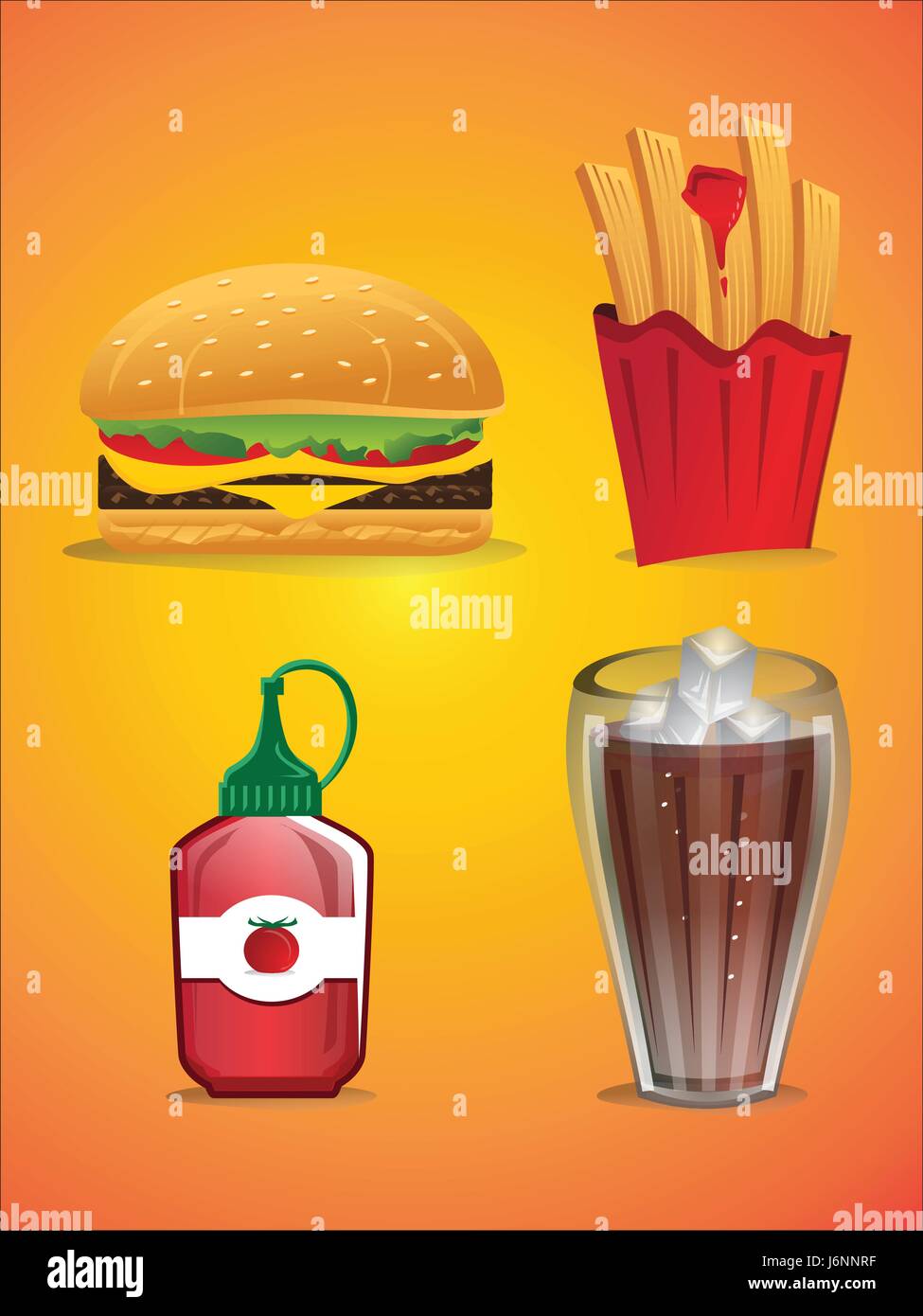 Fast-Food-Sammlung enthalten Schach-Burger, Pommes frites, Ketchup-Flasche Soda-Tasse mit Eiswürfeln. Stock Vektor