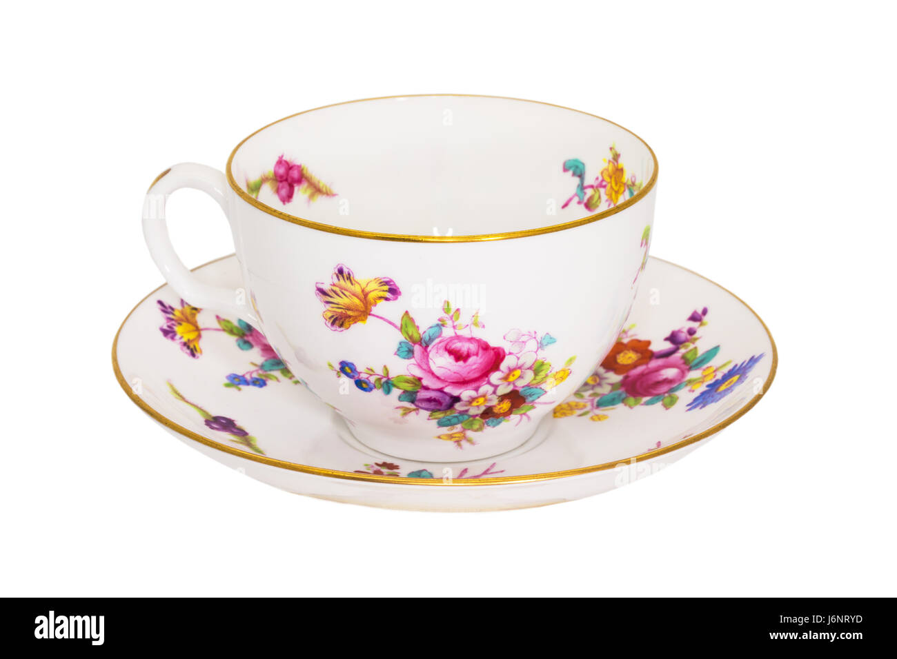 Vintage Porzellan Teetasse und Untertasse isoliert auf weiss. Stockfoto