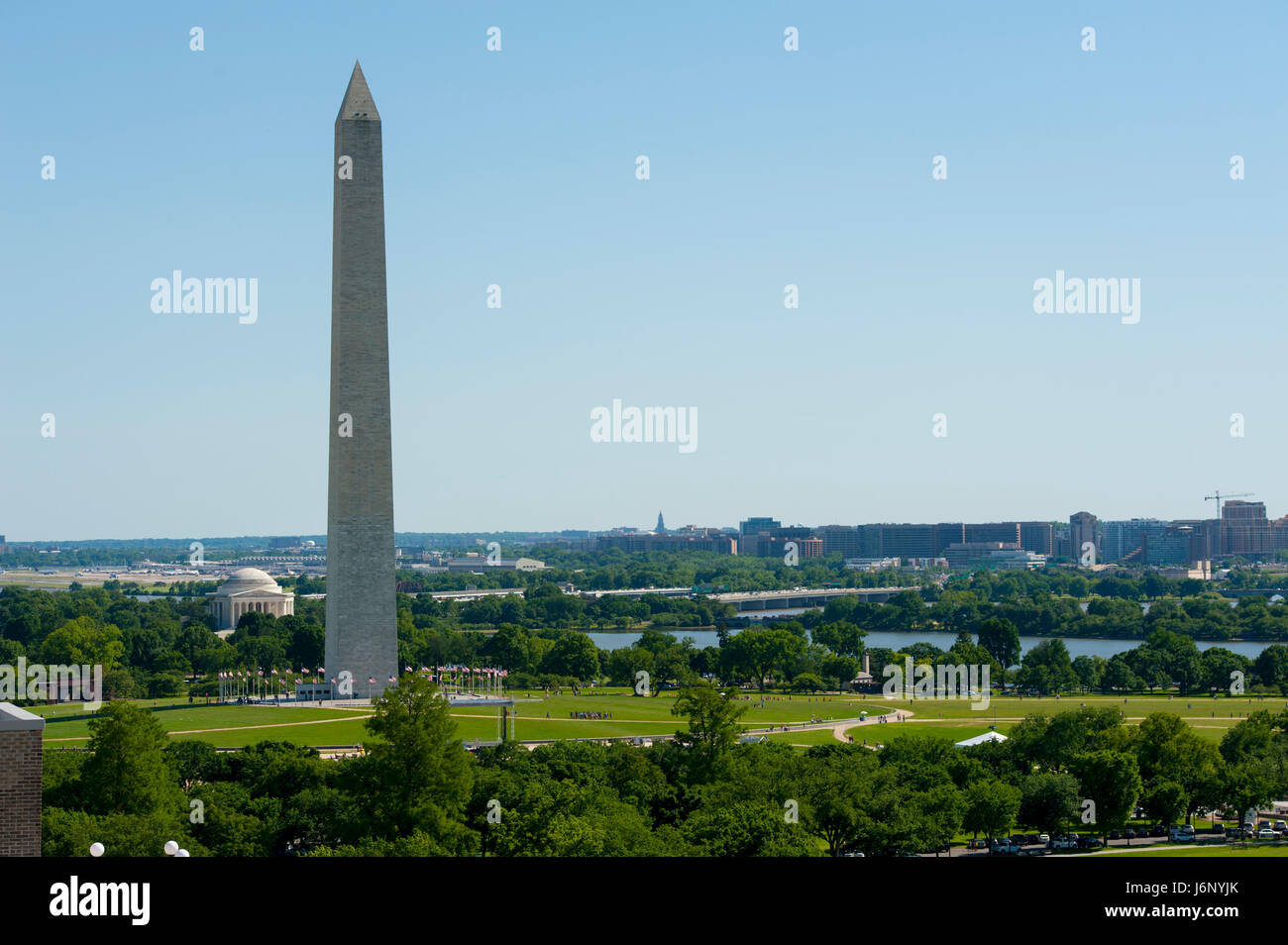 Washington DC DC USA Das Washington Monument und dem Jefferson Memorial an der National Mall sonnigen Sommertag Stockfoto