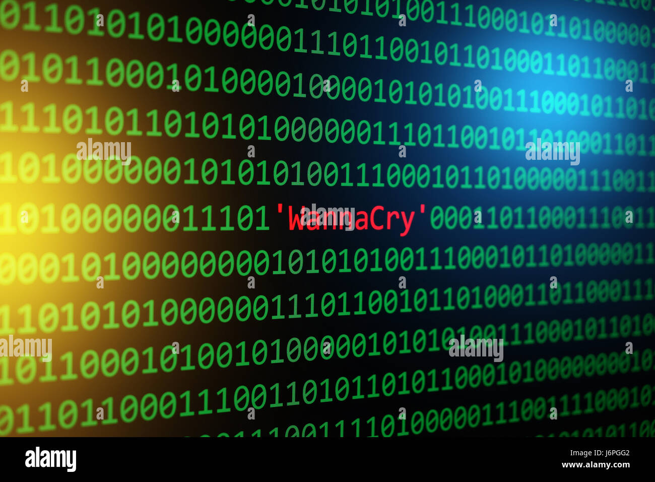 Das WannaCry und Binär-Code, der WannaCrypt und RansomWare, Konzept Sicherheit und Malware angreifen. Stockfoto