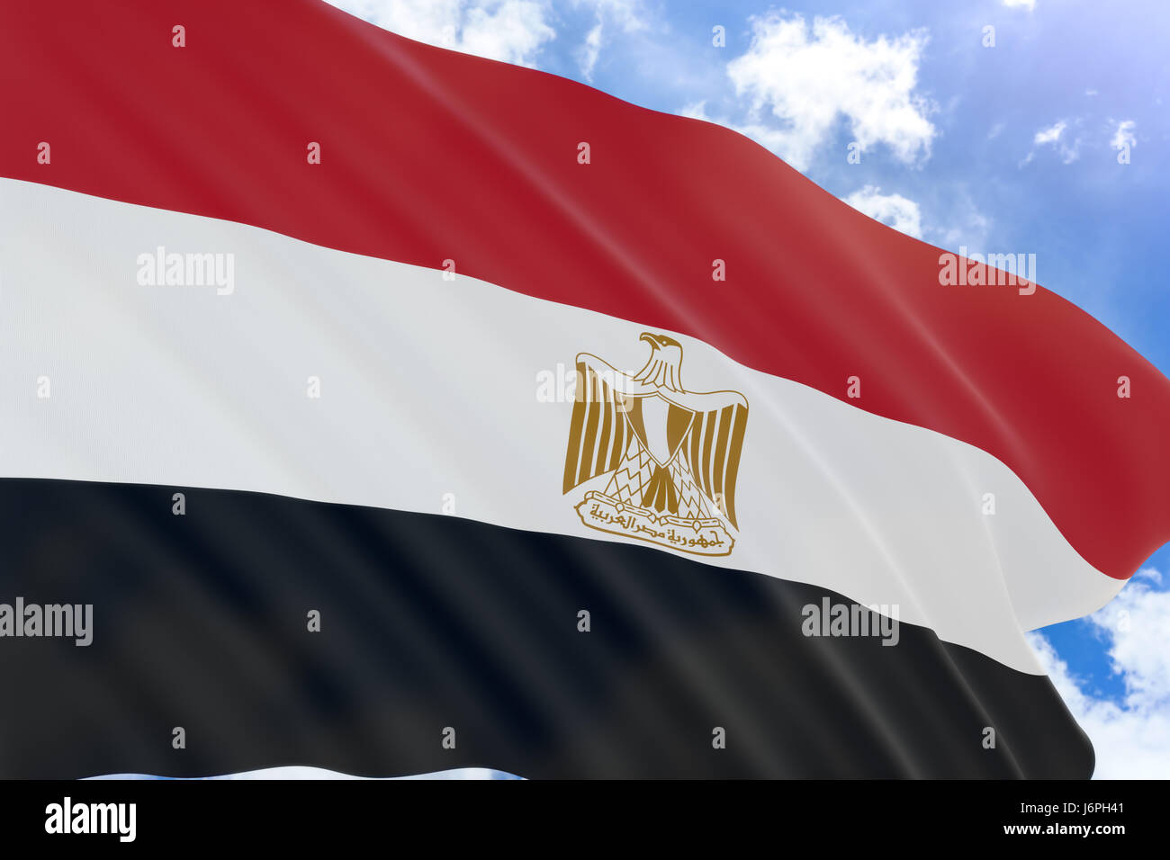 3D rendering von Ägypten Fahnenschwingen auf blauen Himmelshintergrund, Tag der Revolution bezieht sich auf den Feiertag in Ägypten am 23. Juli, ist es das größte weltliche p Stockfoto