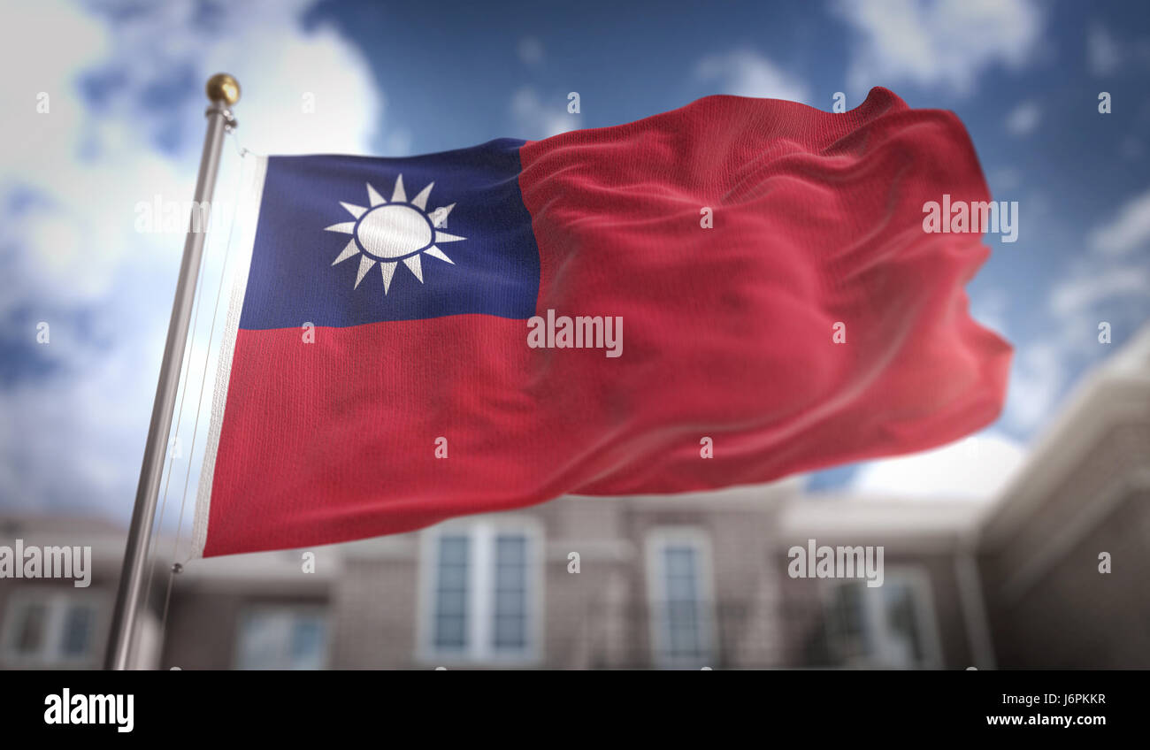 Taiwan Flagge 3D Rendering auf Blue-Sky-Gebäude-Hintergrund Stockfoto