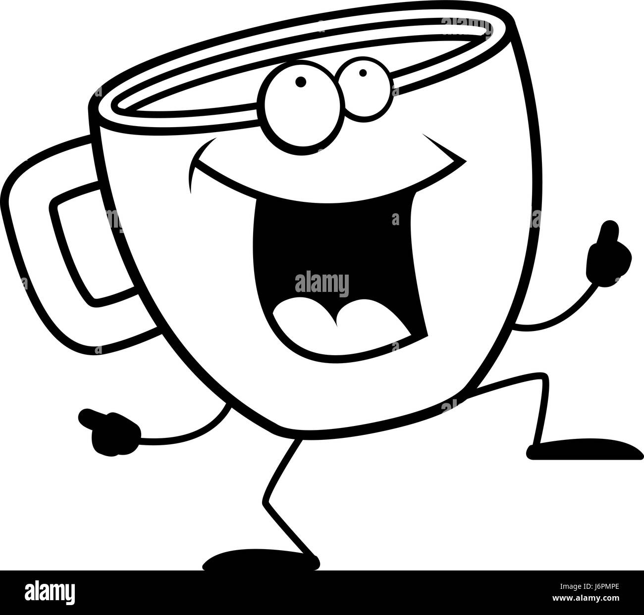 Eine glückliche Cartoon Tasse Kaffee tanzen und Lächeln auf den Lippen. Stock Vektor