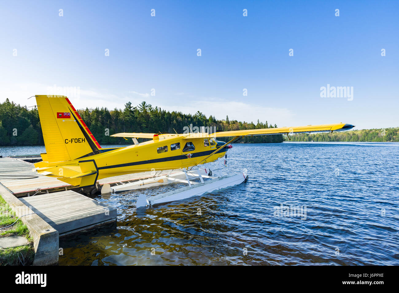 Eine gelbe Wasserflugzeug angedockt an einer hölzernen Steg in einem kleinen Hafen an einem sonnigen Tag, Algonquin Provincial Park, Ontario, Kanada Stockfoto