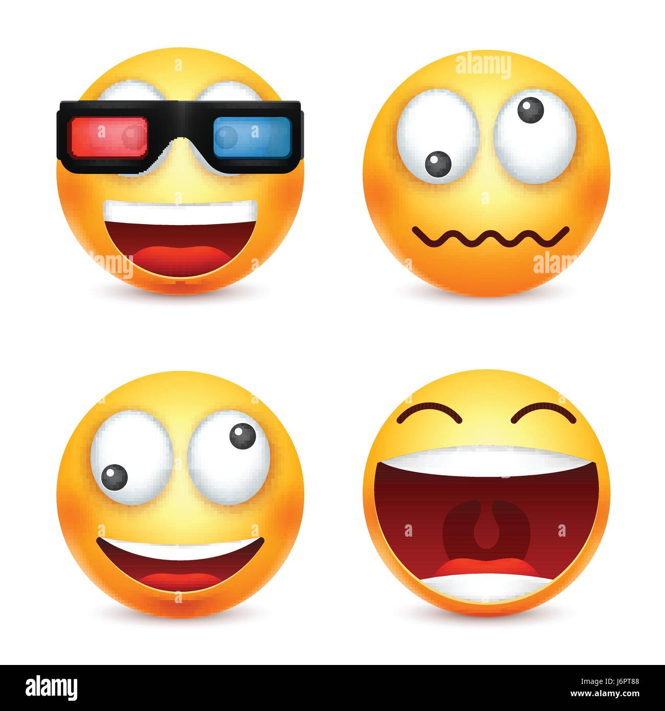 Smiley mit 3D-Brille, lächelndes Emoticon. Gelbes Gesicht mit Emotionen. Gesichtsausdruck. 3D realistisch Emoji. Lustige Comic-Figur. Stimmung. Web-Symbol. Vektor-Illustration. Stock Vektor