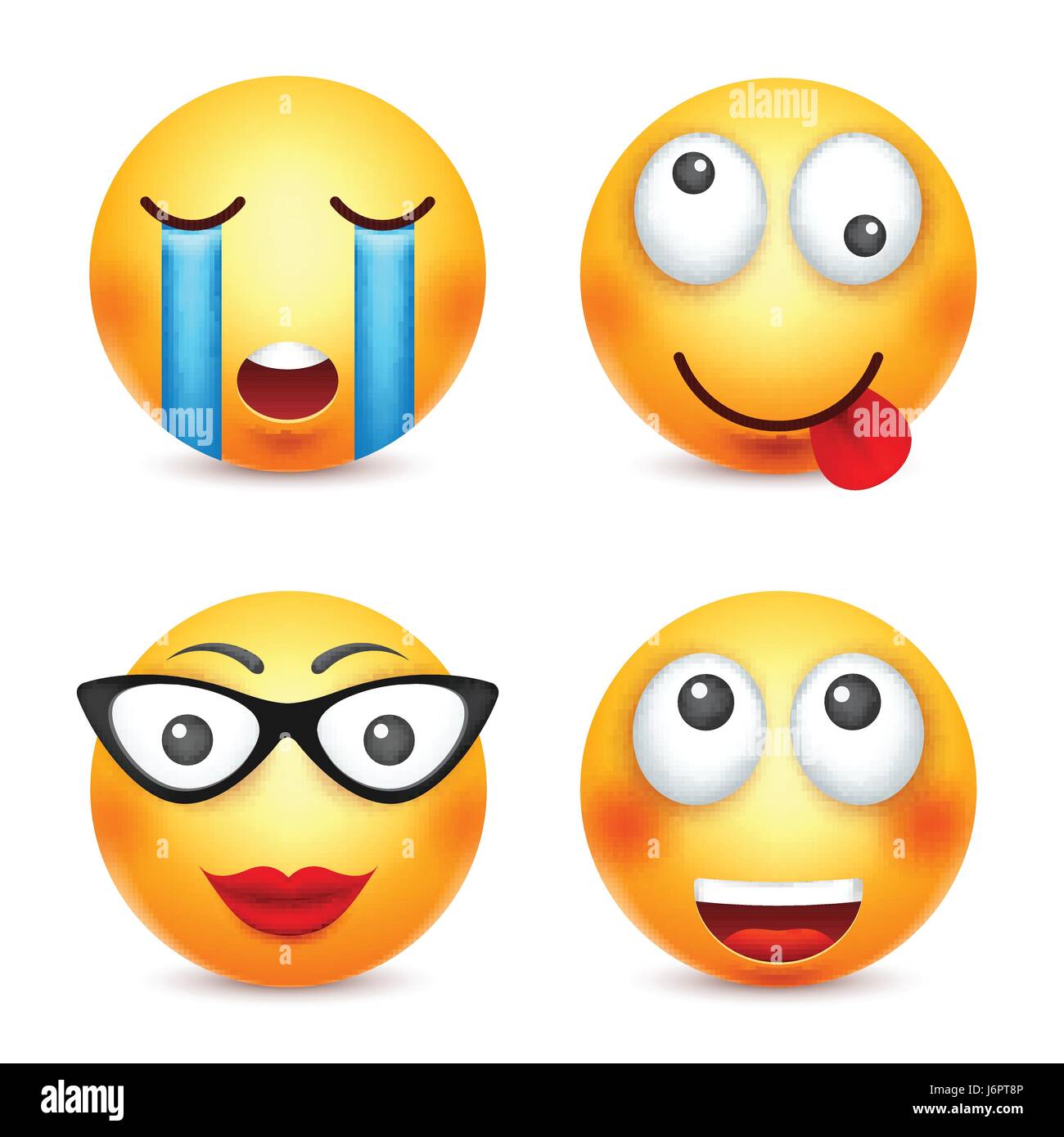 Smiley, Emoticon lächelnd. Gelbes Gesicht mit Emotionen. Gesichtsausdruck. 3D realistisch Emoji. Lustige Comic-Figur. Stimmung. Web-Symbol. Vektor-Illustration. Stock Vektor