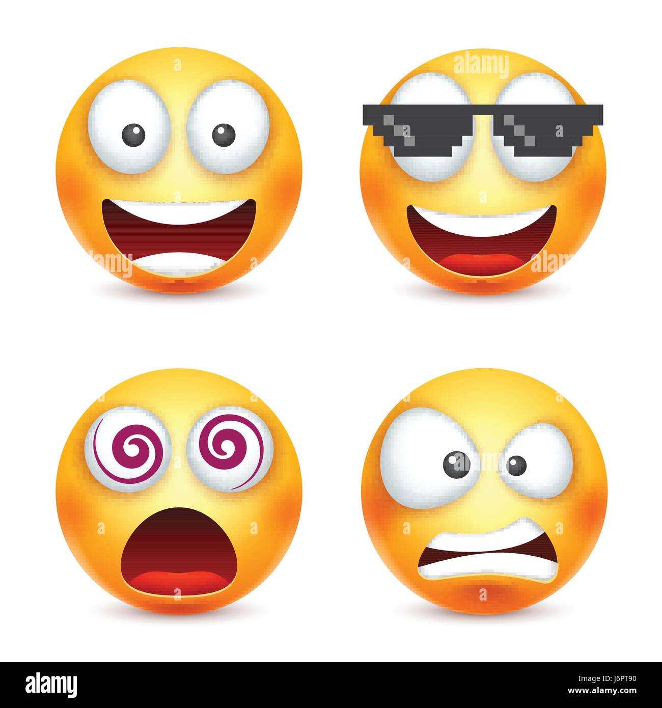 Smiley mit Pixel-Brille, lächelndes Emoticon. Gelbes Gesicht mit Emotionen. Gesichtsausdruck. 3D realistisch Emoji. Lustige Comic-Figur. Stimmung. Web-Symbol. Vektor-Illustration. Stock Vektor