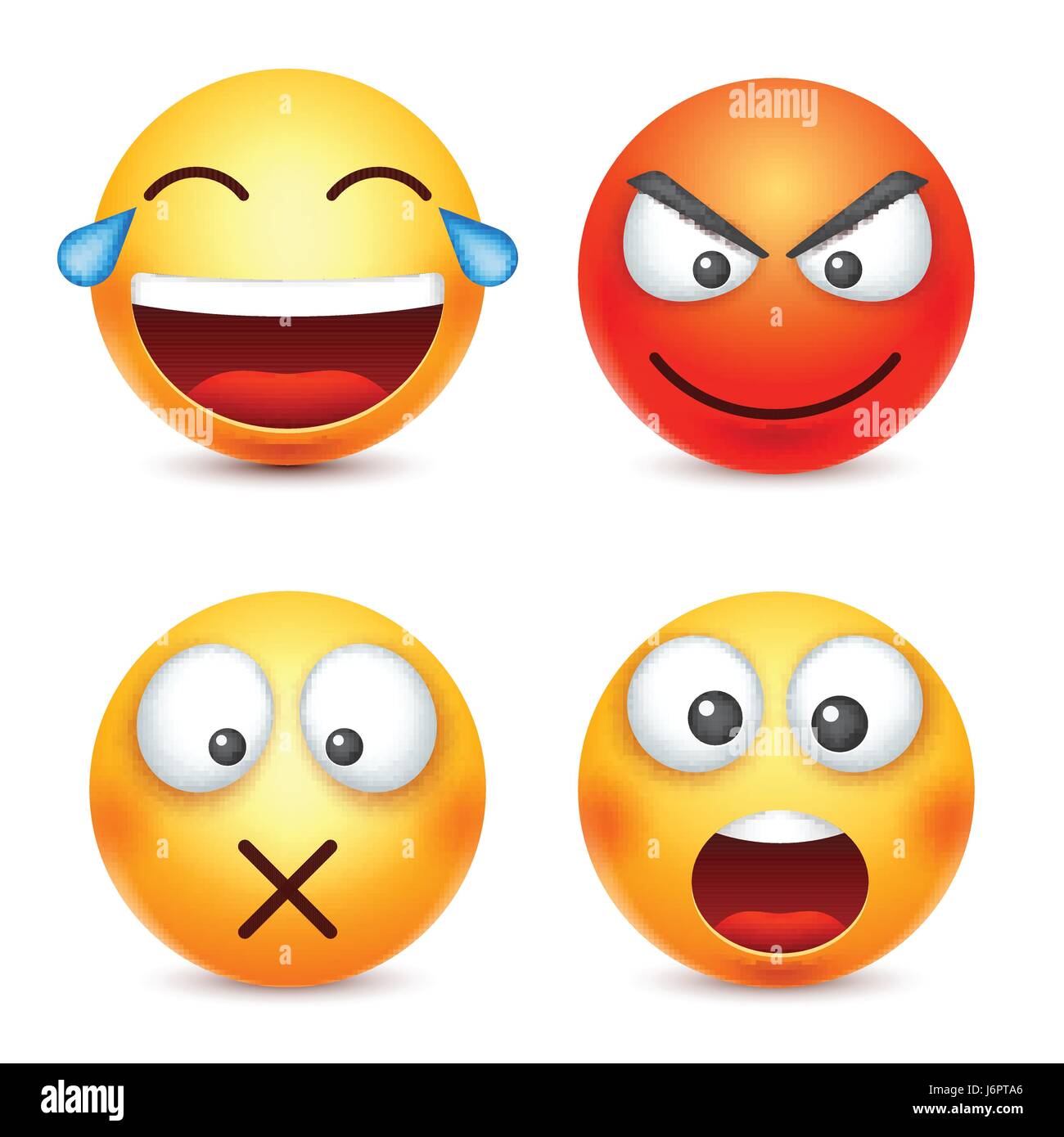 Smiley, Emoticon lächelnd. Gelbes Gesicht mit Emotionen. Gesichtsausdruck. 3D realistisch Emoji. Lustige Comic-Figur. Stimmung. Web-Symbol. Vektor-Illustration. Stock Vektor