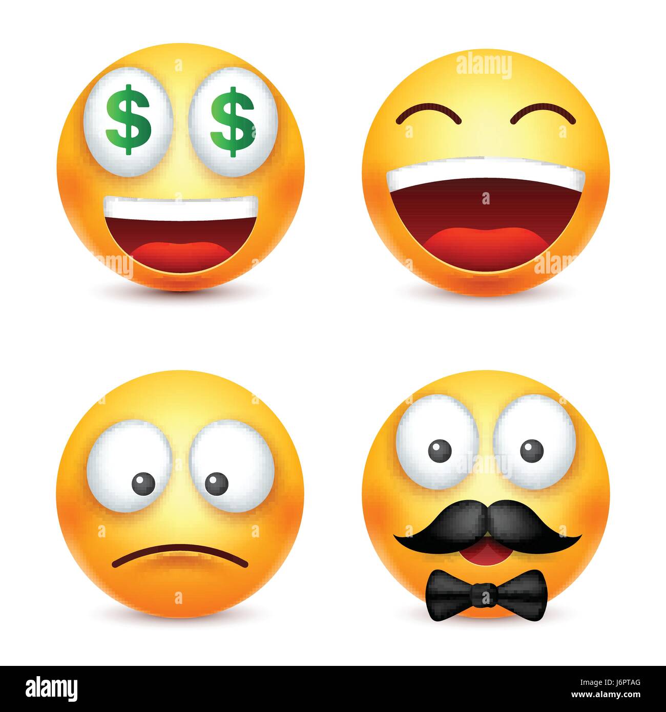 Smiley, Emoticon lächelnd. Gelbes Gesicht mit Emotionen. Gesichtsausdruck. 3D realistisch Emoji. Lustige Comic-Figur. Stimmung. Web-Symbol. Vektor-Illustration. Stock Vektor