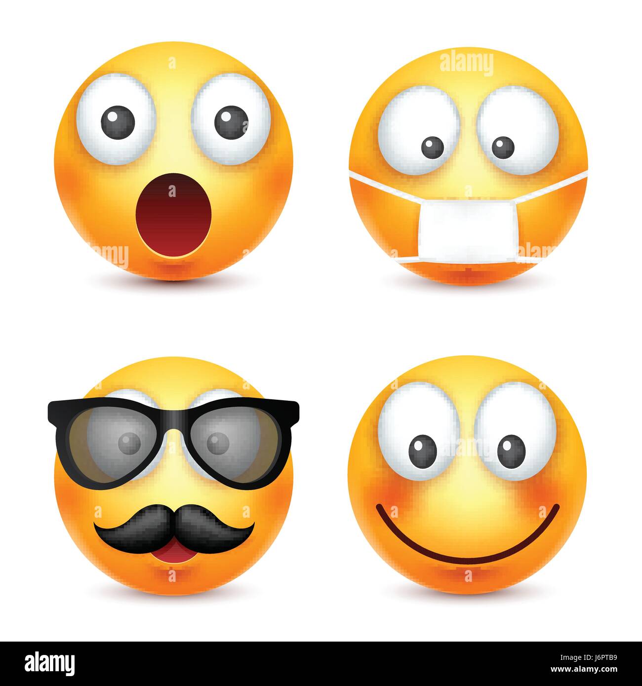 Smiley, Emoticon lächelnd. Gelbes Gesicht mit Emotionen. Gesichtsausdruck. 3D realistisch Emoji. Lustige Comic-Figur. Stimmung. Web-Symbol. Vektor-Illustration. Stock Vektor