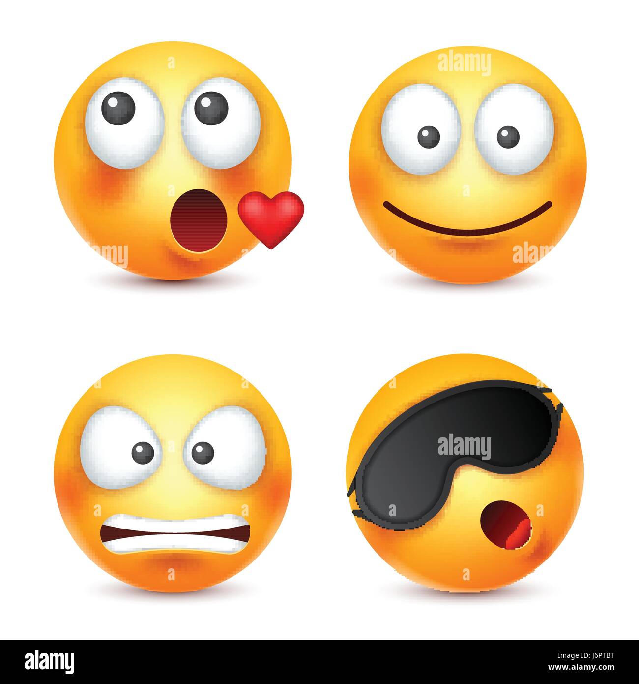 Smiley, Emoticon lächelnd. Gelbes Gesicht mit Emotionen. Gesichtsausdruck. 3D realistisch Emoji. Lustige Comic-Figur. Stimmung. Web-Symbol. Vektor-Illustration. Stock Vektor