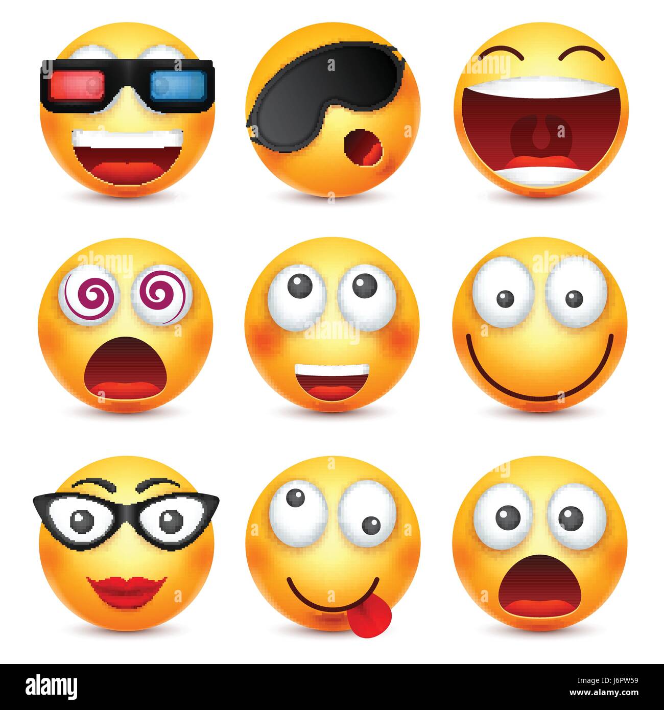 Smiley mit 3D-Brille, lächelndes Emoticon gesetzt. Gelbes Gesicht mit Emotionen. Gesichtsausdruck. 3D realistisch Emoji. Lustige Comic-Figur. Stimmung. Web-Symbol. Vektor-Illustration. Stock Vektor