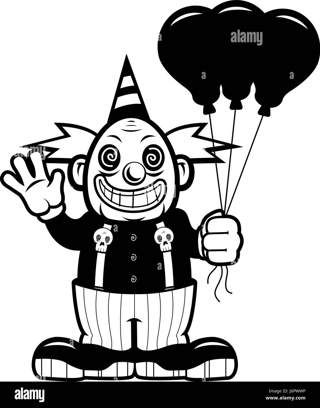 Ein Cartoon böser Clown mit Luftballons winken. Stock Vektor