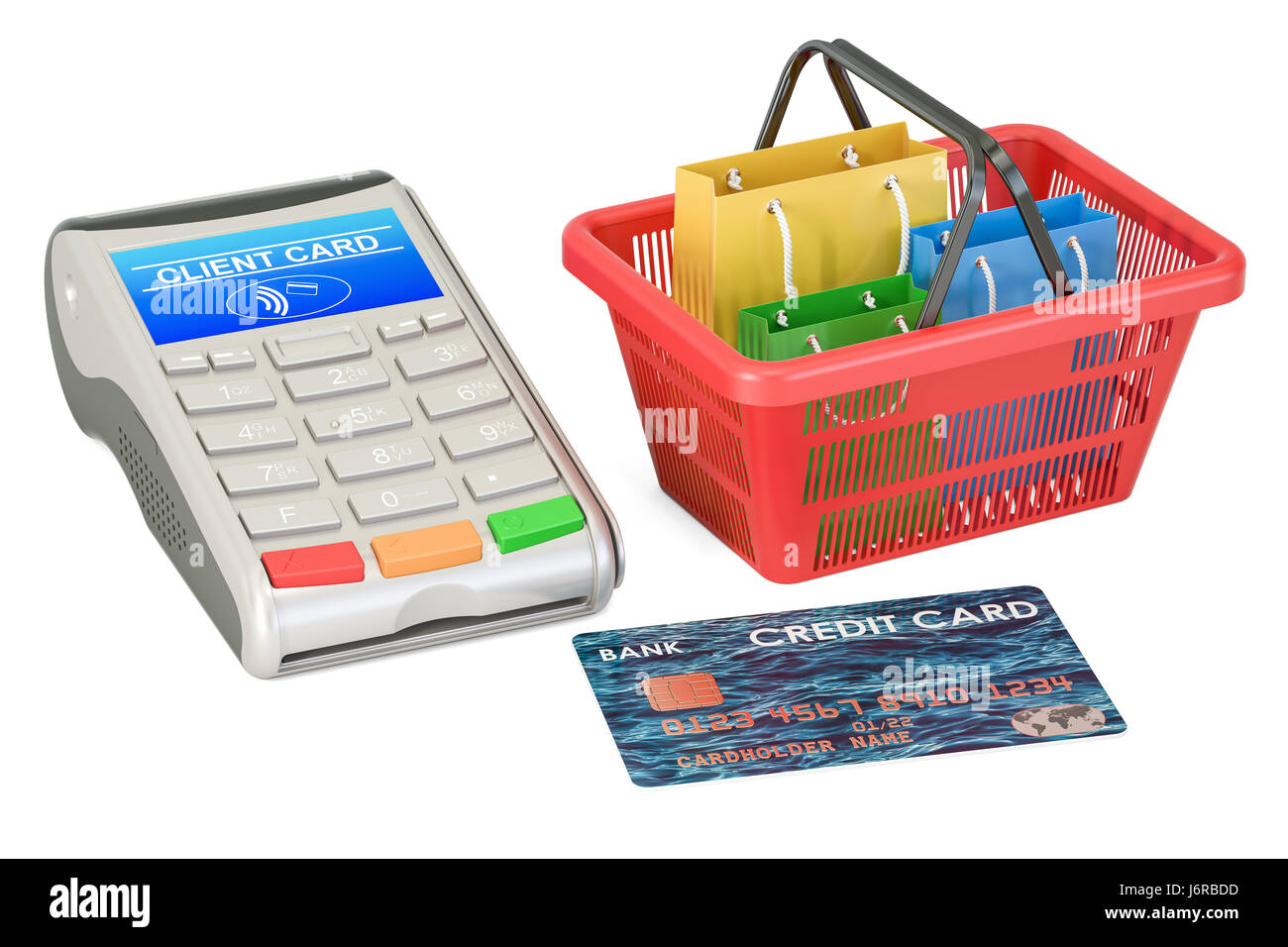 -Shopping-Konzept. POS-Terminal mit Kreditkarte und Einkaufskorb mit Einkaufstüten, 3D rendering Stockfoto