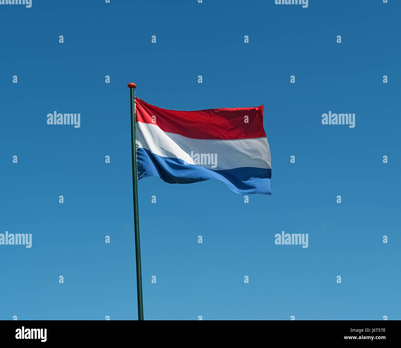 Flagge der Niederlande am Fahnenmast im Wind wehende. Niederlande offizielle Nationalflagge auf blauen Himmelshintergrund. Patriotisches Symbol, banner Stockfoto