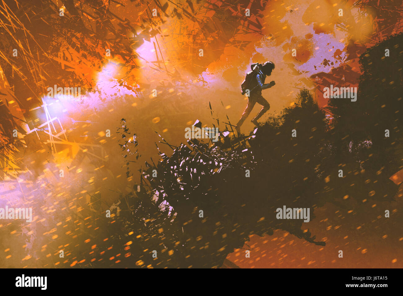 digitale Kunst der Wanderer zu Fuß in den Bergen mit Explosionseffekt, Illustration, Malerei Stockfoto