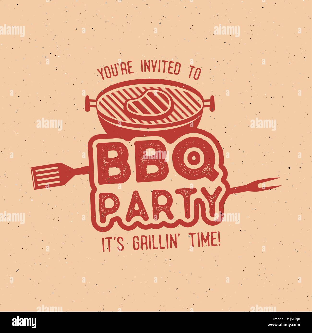 BBQ Party Typografie Plakat Vorlage im Retro-Stil. Offset und Buchdruck Design. Buchstabenetikett Presse, Emblem. Auf zerkratzten Hintergrund isoliert Stock Vektor