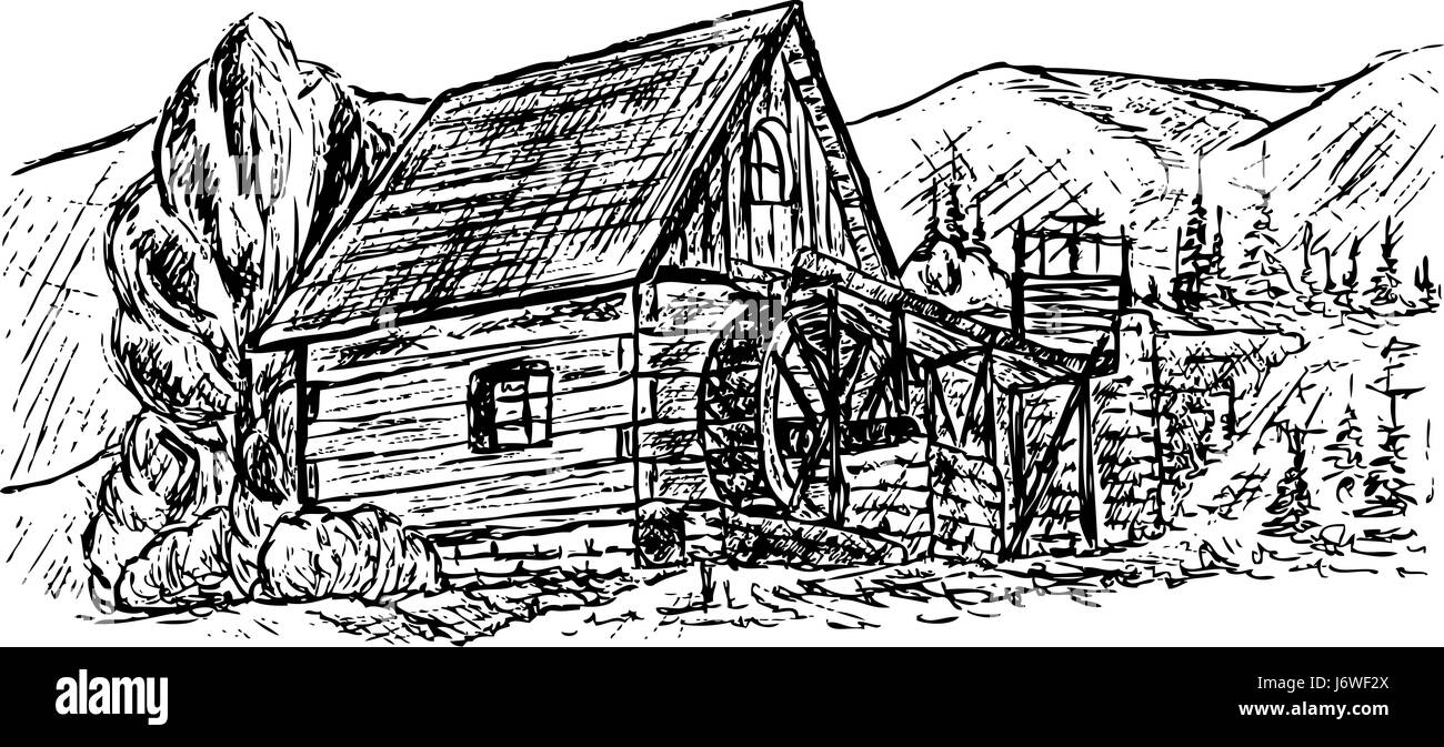 isolierte Abbildung Mühle zeichnen Cartoon Wasser Hausbau Baum Bäume Rad Stockfoto