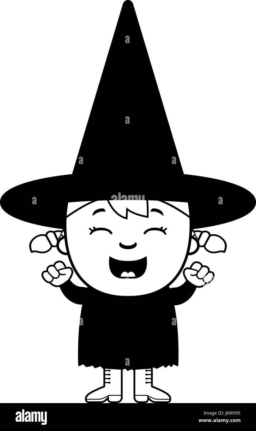 Eine Karikatur Illustration einer Kind-Hexe aufgeregt und lächelnd. Stock Vektor
