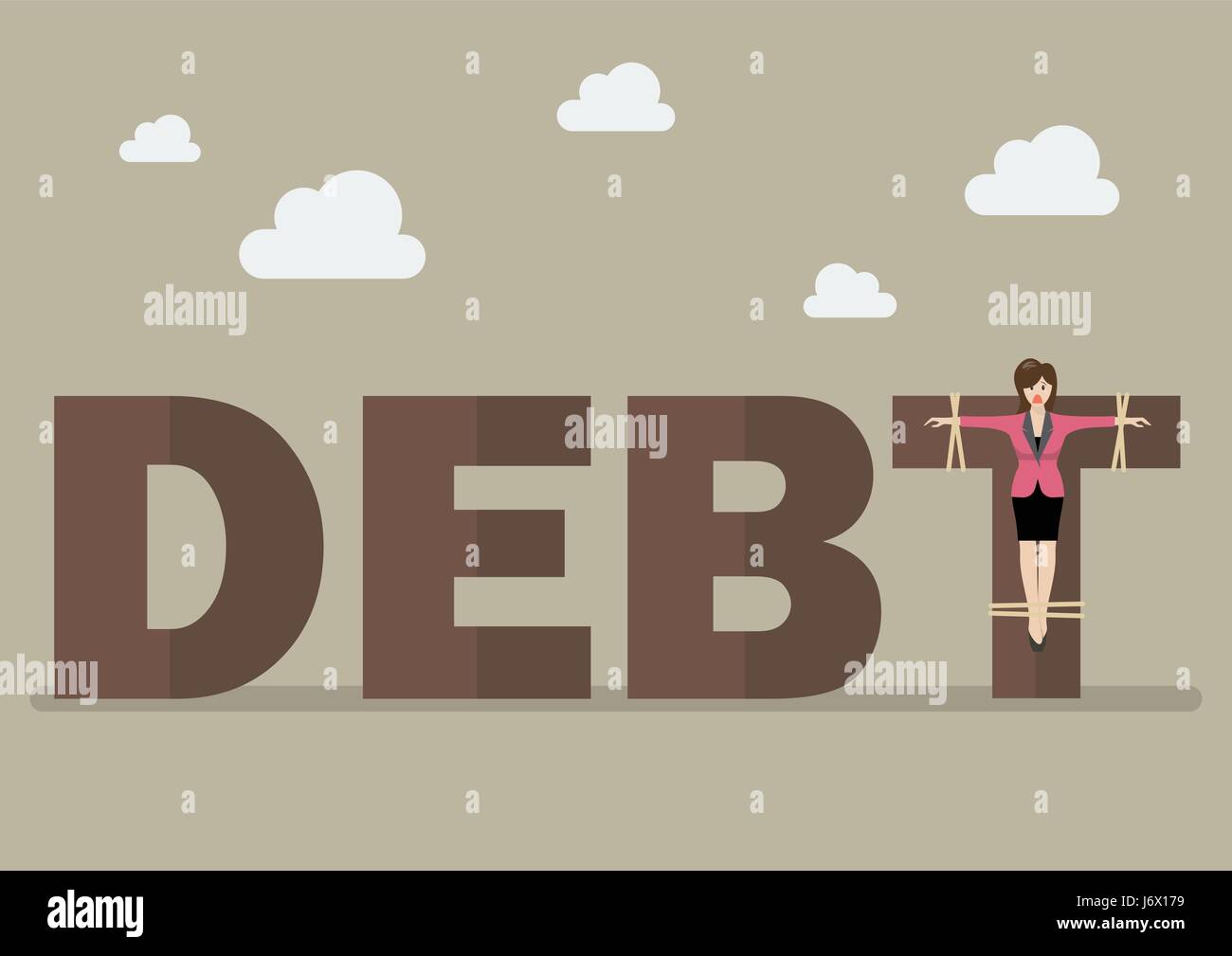 Business-Frau gekreuzigt auf Schulden. Business-Konzept Stock Vektor