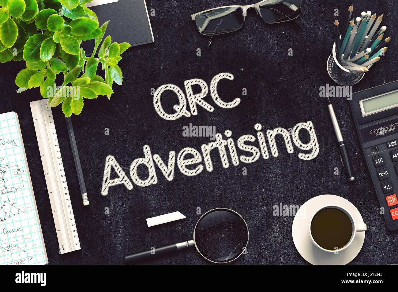 Schwarze Tafel mit QRC-Werbung. 3D-Rendering. Stockfoto