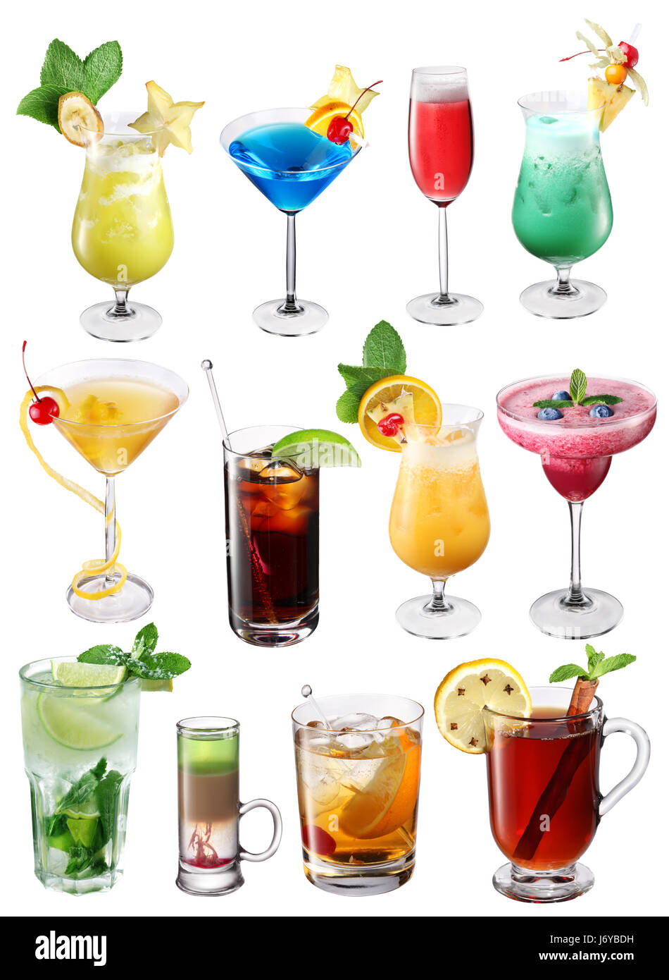 Auflistung der bunten Cocktails. Datei enthält Beschneidungspfade für jeden einzelnen. Stockfoto