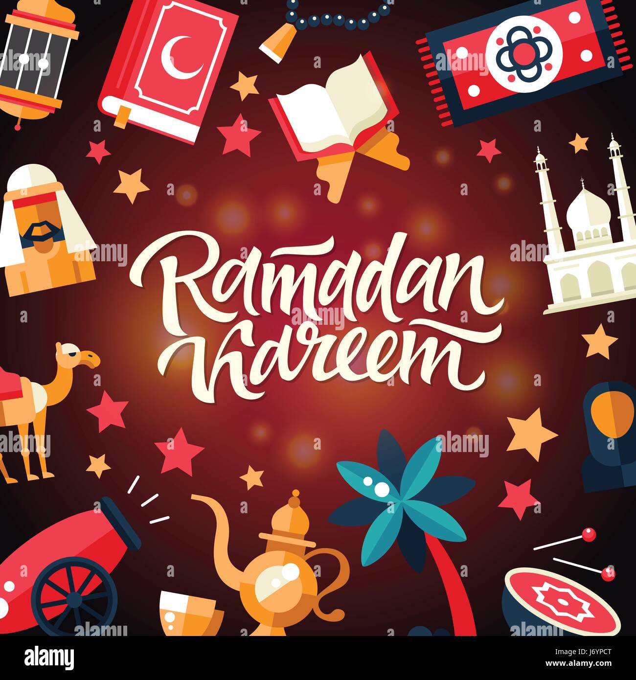 Ramadan Kareem - Postkarte Vorlage mit islamischen Kultur-Ikonen Stock Vektor