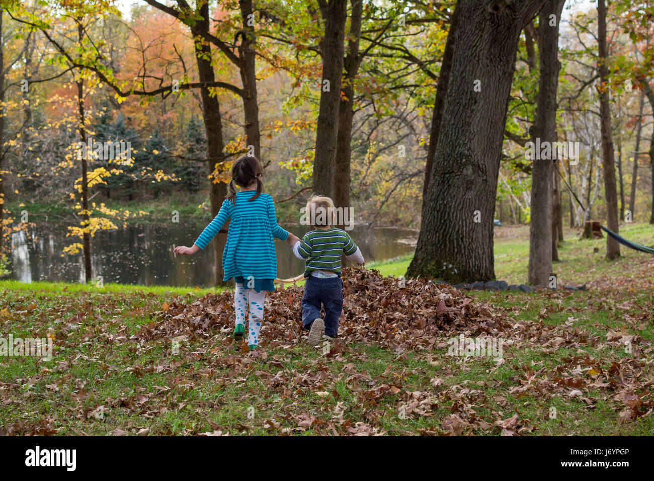 Mädchen und jungen, die Hand in Hand laufen durch Wald Stockfoto