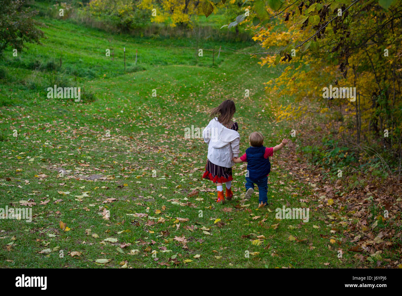 Zwei Kinder Hand in Hand laufen hinunter einen Hügel Stockfoto