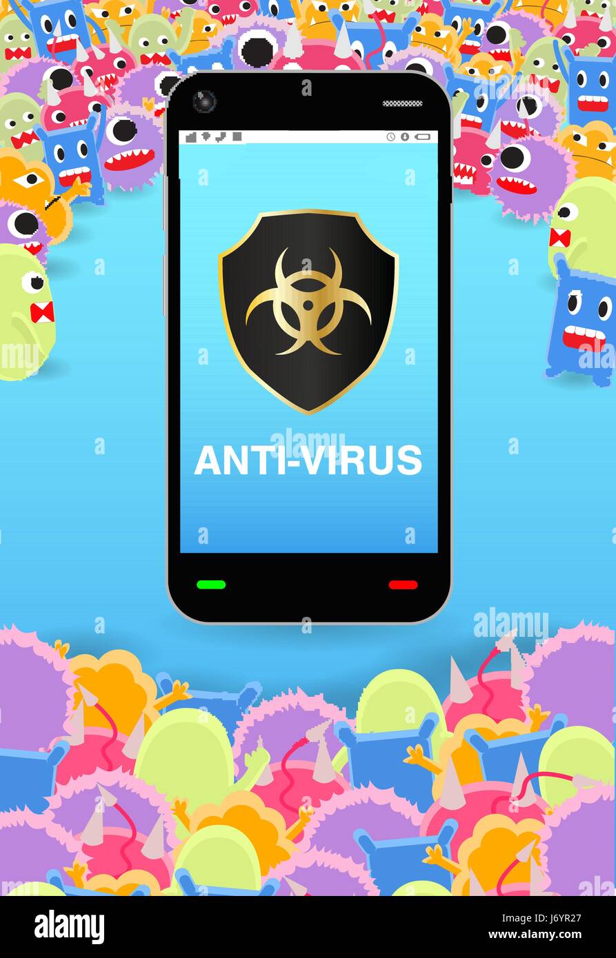 Virus Belagerung Smartphone mit antivirus-Schutz-Schild Stock Vektor