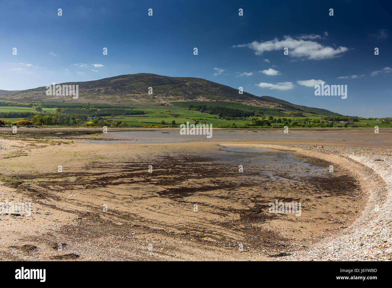 Carsethorn Strand und Criffel mit einer halbrunden Schale Bank im Vordergrund an einem sonnigen Frühlingstag, Dumfries and Galloway, Schottland. Stockfoto