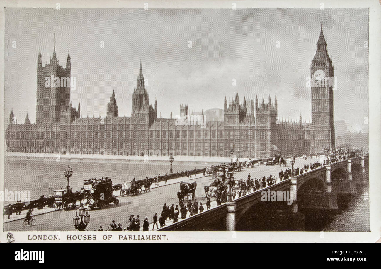Alte Ansichtskarte der Westminster Bridge und den Houses of Parliament, London, UK ca. 1920 Stockfoto