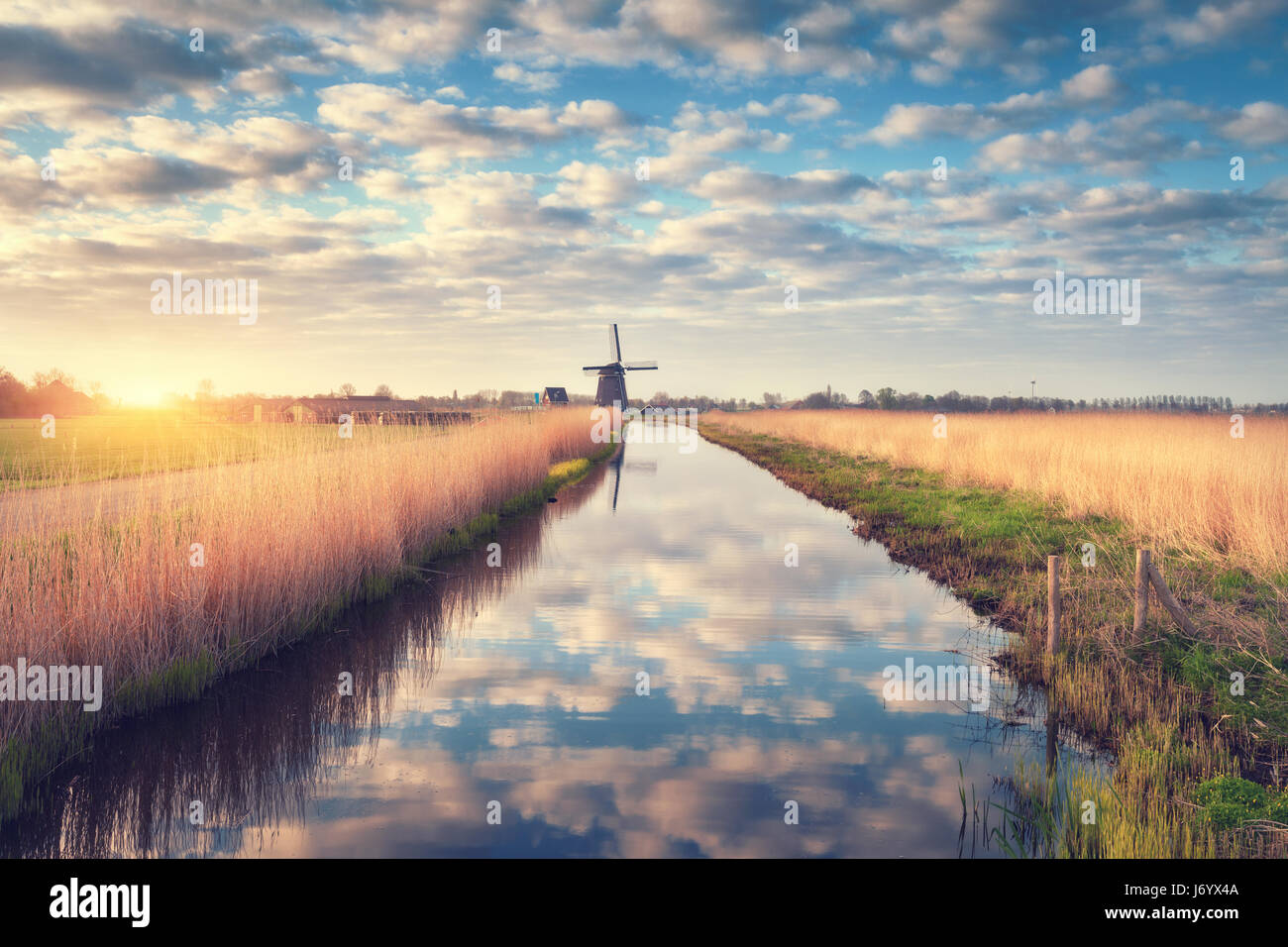 Windmühlen bei Sonnenaufgang. Rustikale Frühlingslandschaft mit holländischen Windmühlen in der Nähe von Wasserkanälen, gelbe Schilf und blauer Himmel mit Wolken spiegeln sich in Wasser. Bin Stockfoto