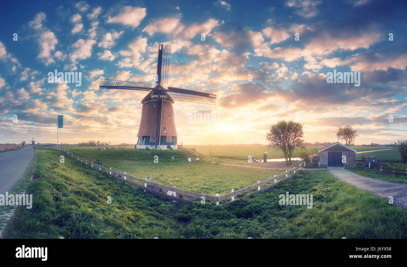 Windmühle bei Sonnenaufgang in Niederlande. Herrliche Aussicht mit traditionellen holländischen Windmühle, grünem Rasen, Zaun und bunten Himmel mit Wolken. Rustikale Landschaft wi Stockfoto