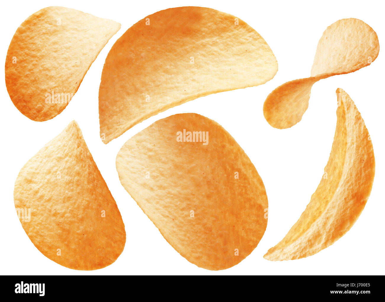 Sammlung von Kartoffel-Chips, die isoliert auf einem weißen Hintergrund. Stockfoto