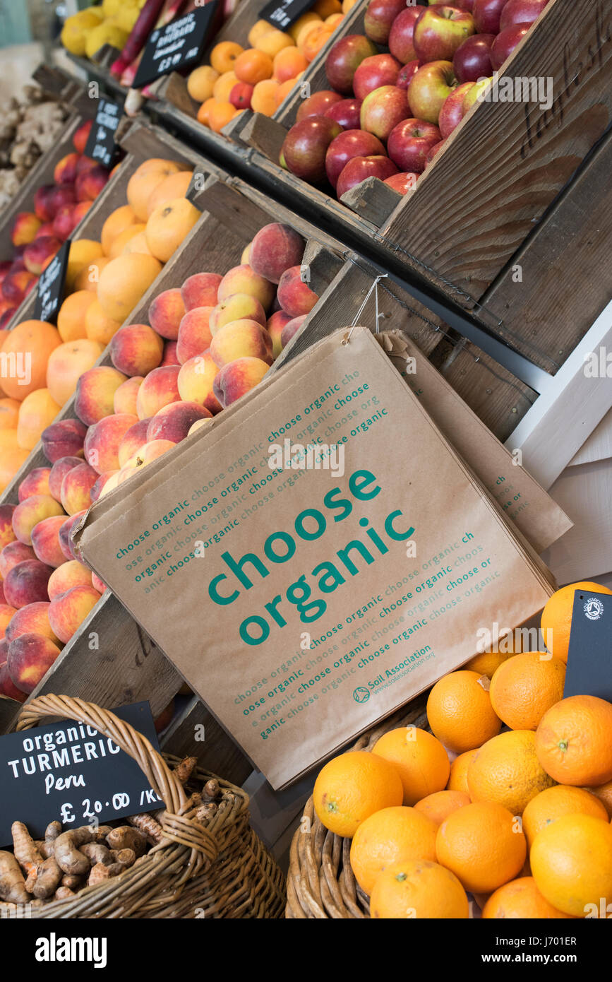 Wählen Sie organische Papiertüten und Bio-Obst zum Verkauf an Daylesford Organic Farm Shop Sommerfest. Daylesford, Cotswolds, Gloucestershire, England Stockfoto