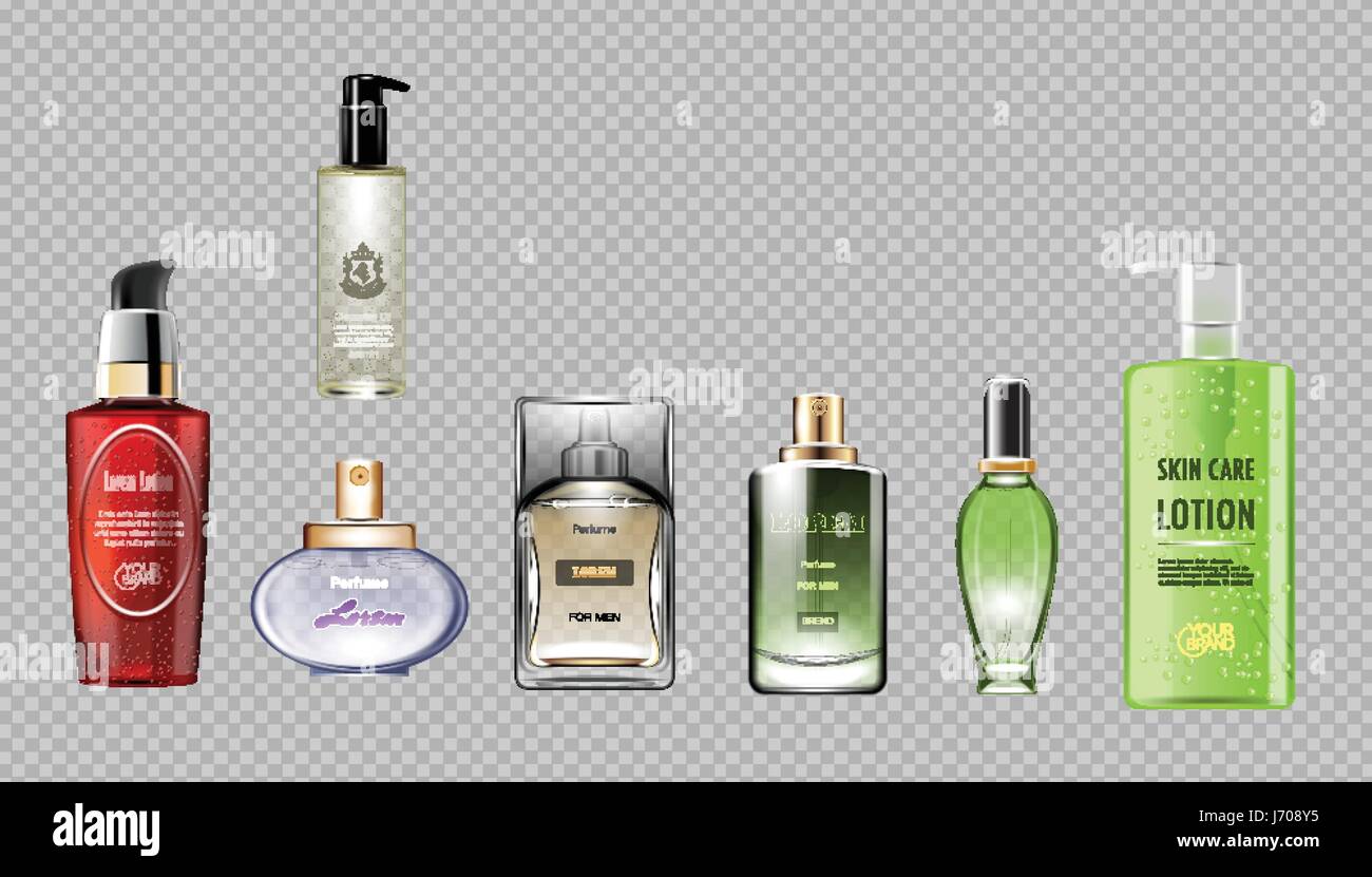 Digital vector rote grüne und braune Glas Parfüm für Männer und Frauen Container Mockup, mit Ihrer Marke, bereit für print-anzeigen oder Magazin-Design. Deutlich Stock Vektor