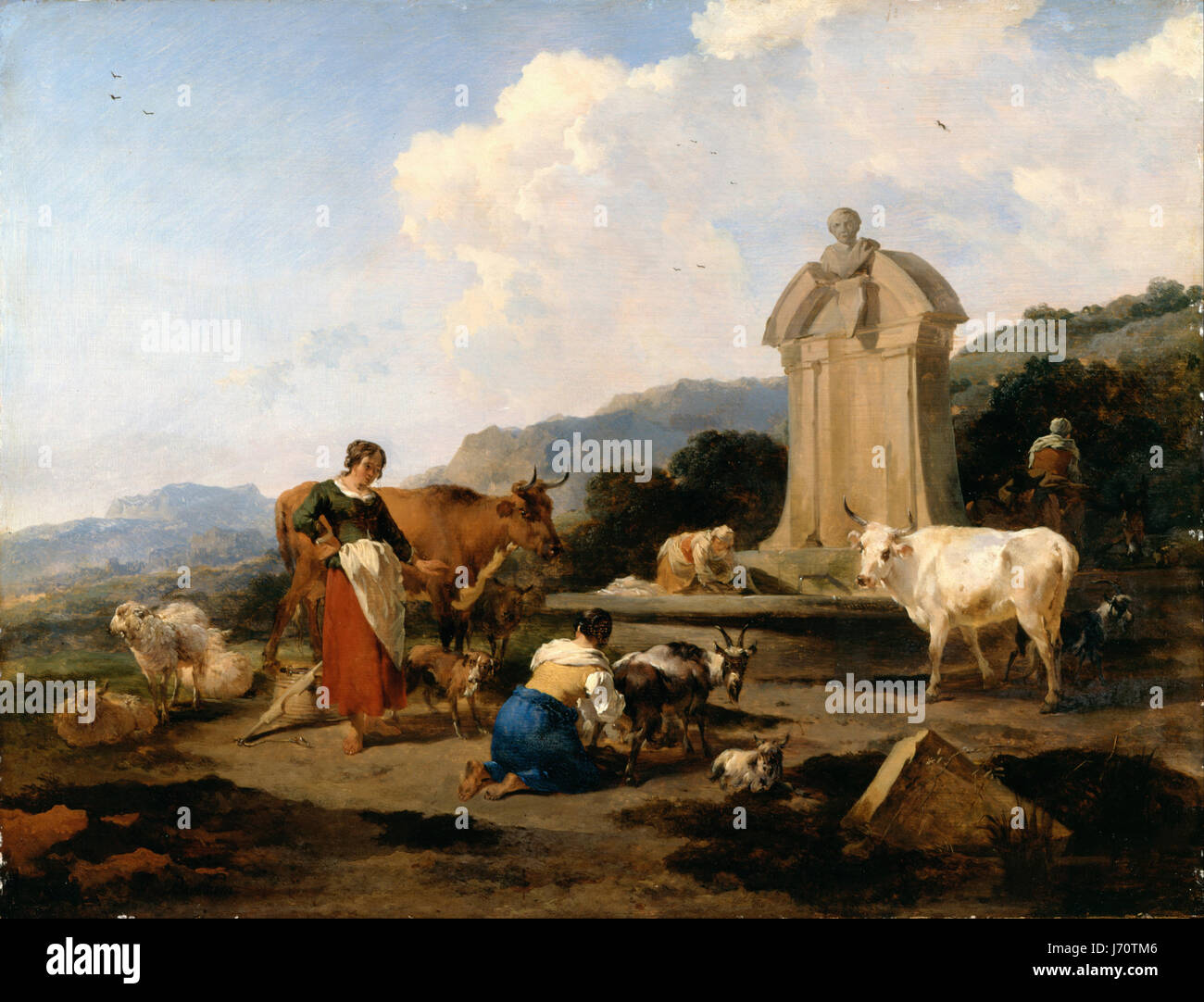 Berchem, Nicolaes Pietersz - römischen Brunnen mit Vieh und Figuren Stockfoto