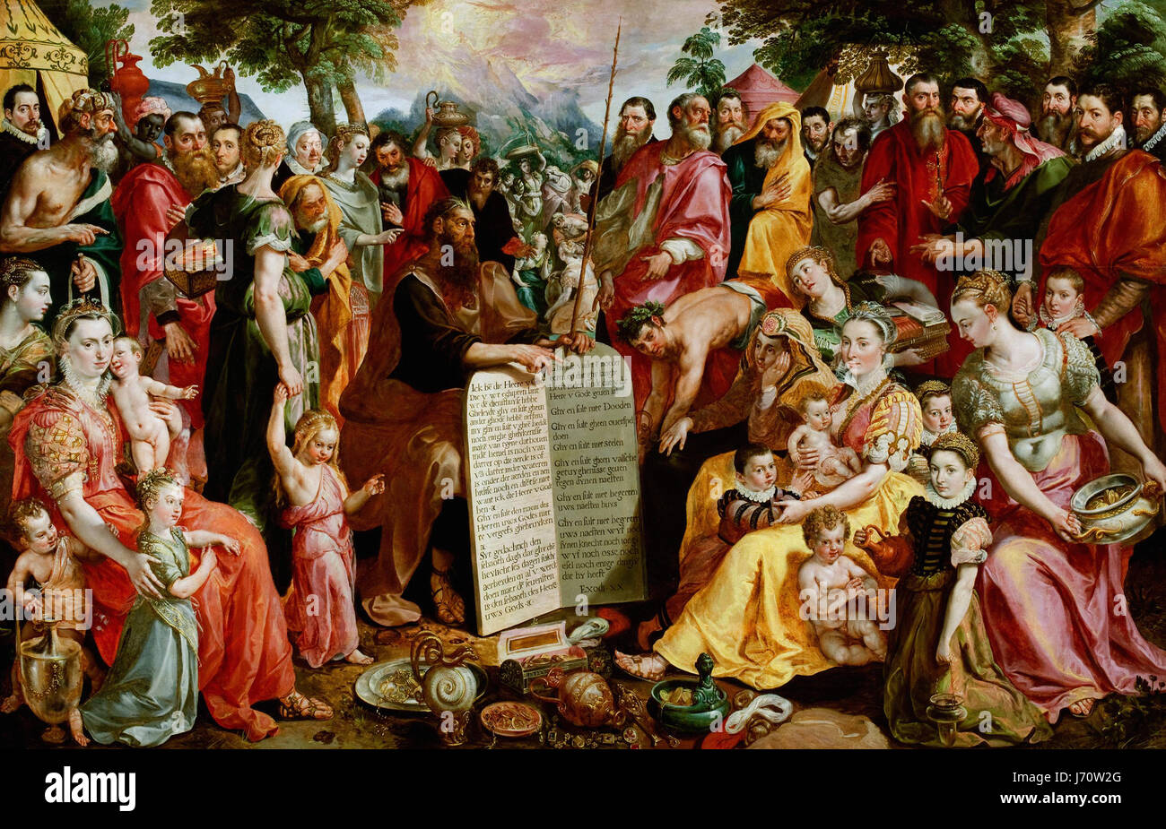 Maerten de Vos Moses mit den Gesetzestafeln zu den Israeliten, mit Porträts von Mitgliedern der Familie Panhuys, ihre Verwandten und Freunde Stockfoto