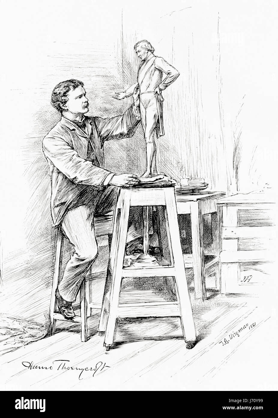 HAMO Thornycroft in seinem Atelier.  Sir William Hamo Thornycroft, 1850 – 1925.  Englischer Bildhauer. Nach der Zeichnung von Theodore Blake Wirgman.  Aus das Jahrhundert illustrierte Monatszeitschrift, Mai 1883 - Oktober 1883. Stockfoto
