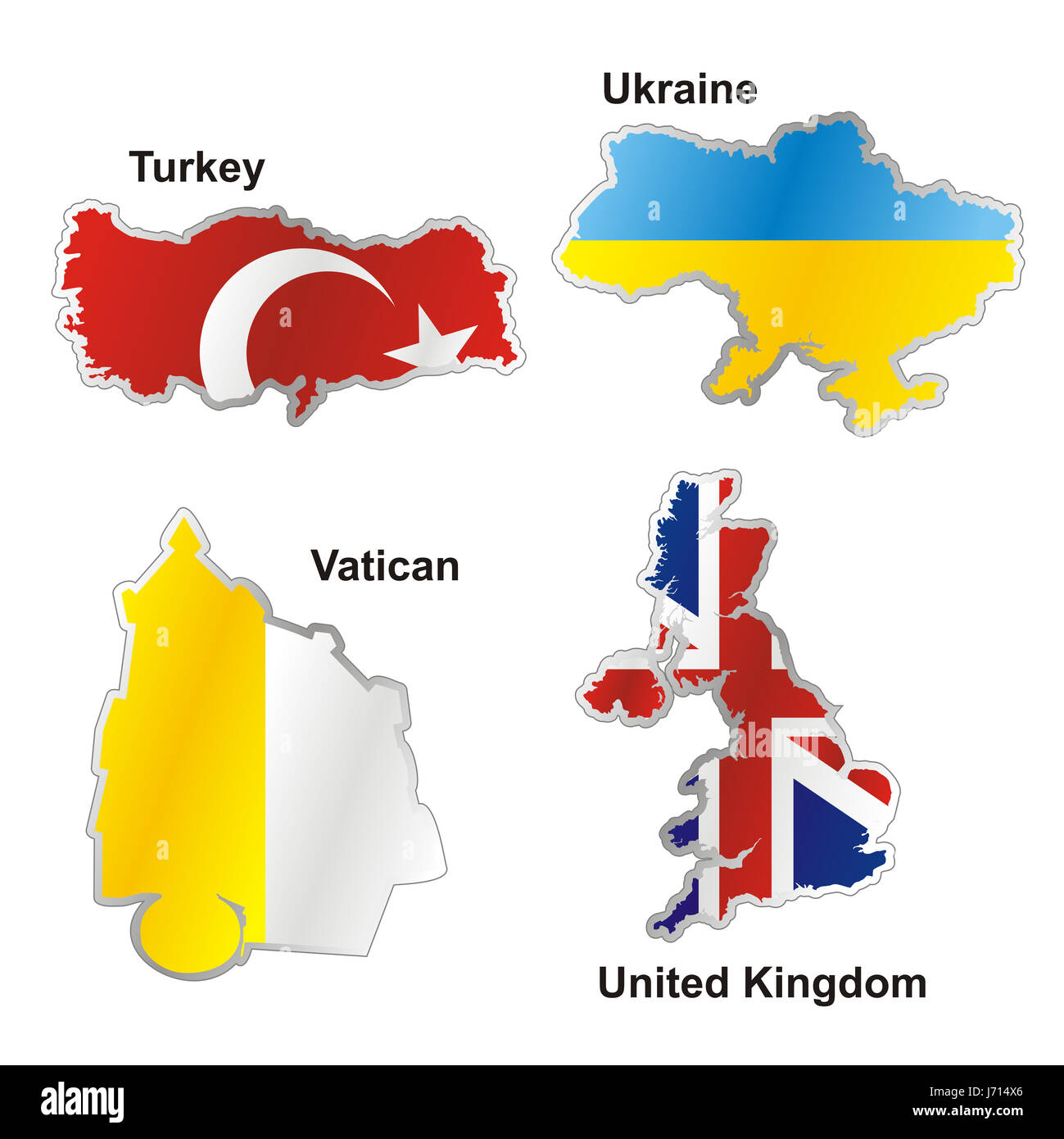 Flagge Türkei Ukraine Vereinigte Königreich Atlas Karte des Vatikans Welt isoliert Stockfoto