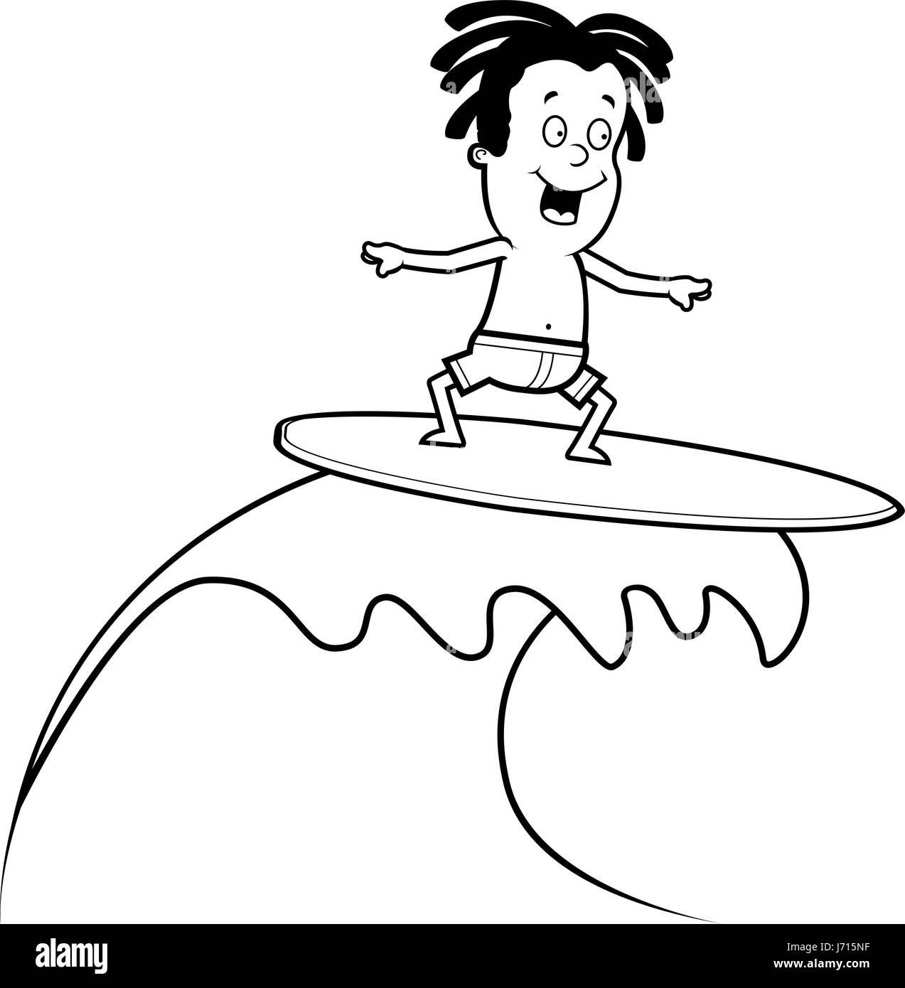 Ein glückliches Cartoon Kind Surfen auf einer Welle. Stock Vektor