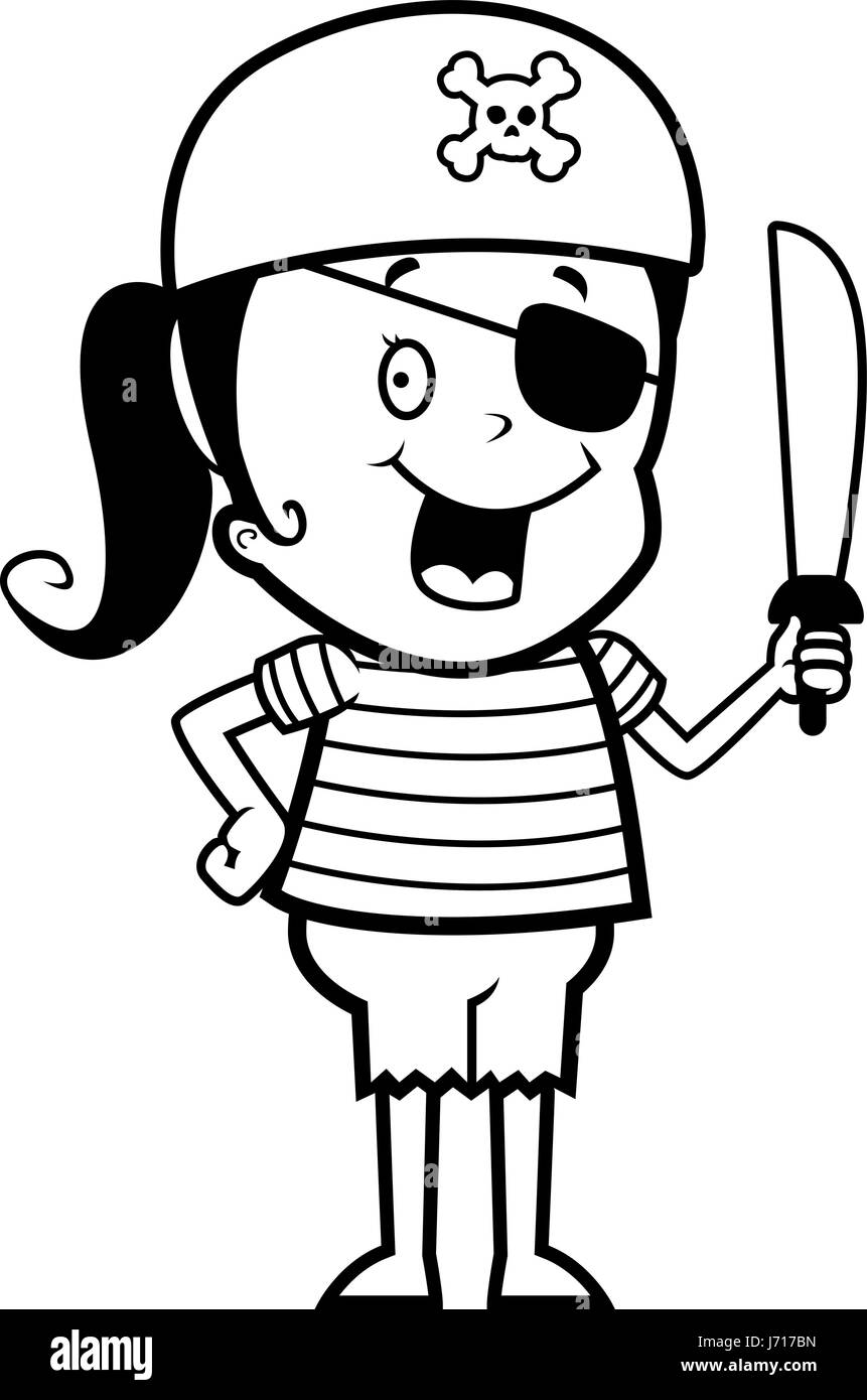 Ein glückliches Cartoon Pirat Mädchen mit einem Schwert. Stock Vektor