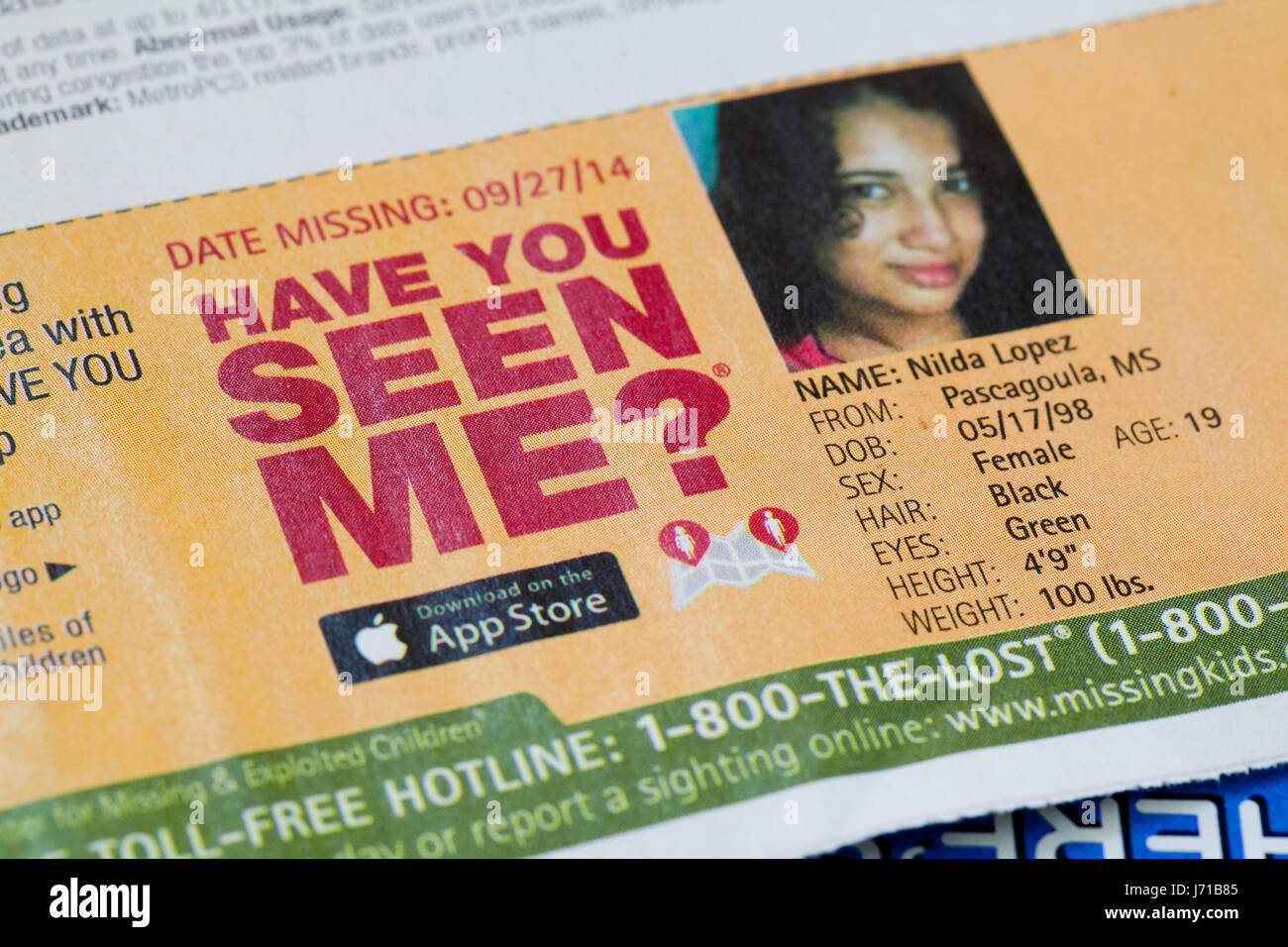 Hast du mich gesehen, Anzeige des verschwundenen Mädchens (vermisste Kinder, Kind, vermisste Person, vermisste Personen fehlen) - USA Stockfoto