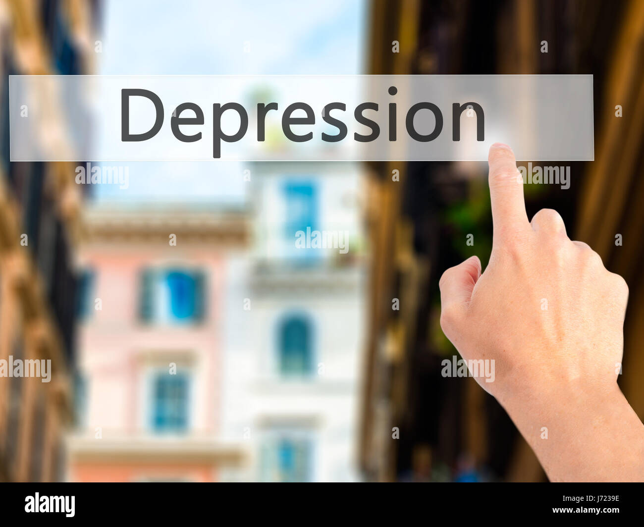 Depression - Hand drücken einer Taste auf unscharfen Hintergrund Konzept. Wirtschaft, Technologie, Internet-Konzept. Stock Foto Stockfoto